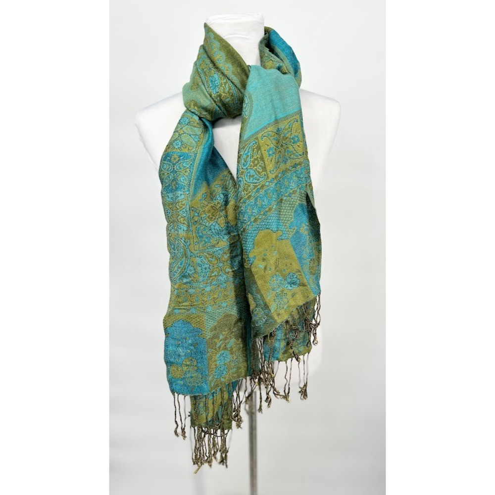 PASHMINA 55% Pashmina, 45% Silk Shawl Wrap Scarf Blue Green Fringe 68"X27"